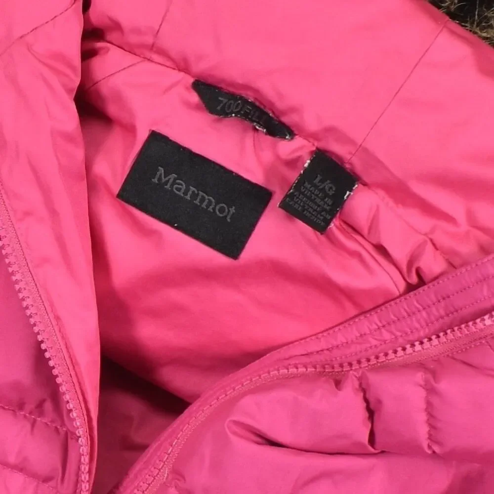 Marmot 700 Fill Down Parka Jacket Girls L Hot Pink Faux Fur Hooded Coat Puffer